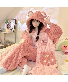 Flannel Fleece Sleepwear Set for Women 2025 Cartoon Cat Print Lounge Pajamas Winter Thick Warm Loungewear