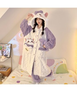Flannel Fleece Sleepwear Set for Women 2025 Cartoon Cat Print Lounge Pajamas Winter Thick Warm Loungewear
