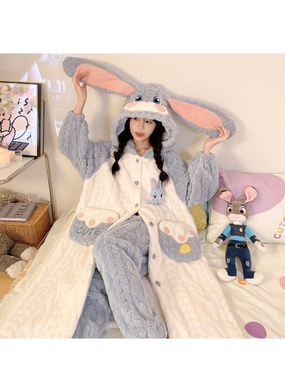 Flannel Fleece Sleepwear Robe Set for Women 2025 Winter Warm Plush Cartoon Bunny Loungewear with Pockets