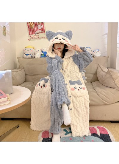 Flannel Fleece Bathrobe for Women Winter Thick Warm Sleepwear Lounge Robe Set Cartoon Blue Cat