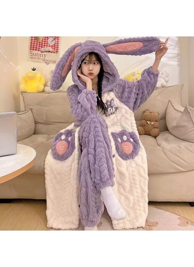 Flannel Fleece Bathrobe for Women Winter Thick Warm Cartoon Lounge Set Purple Rabbit