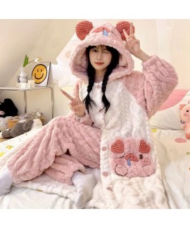 Cozy Cartoon Pig Fleece Robe Set for Women Winter ...