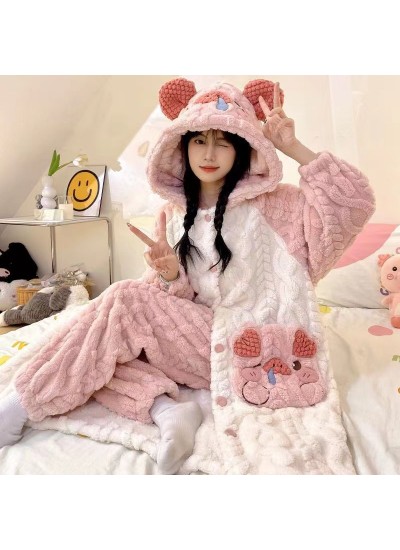 Cozy Cartoon Pig Fleece Robe Set for Women Winter Thick Warm Lounge Sleepwear 2025 New