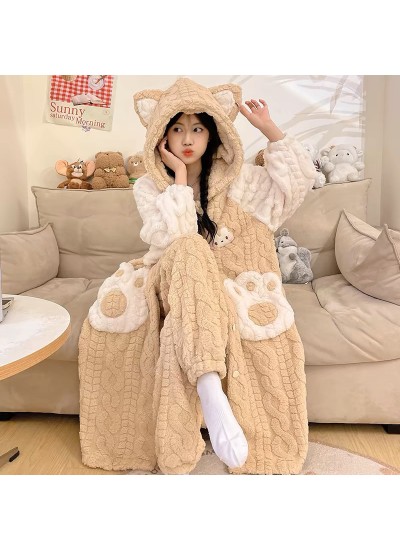 Plush Flannel Fleece Robe Set for Women Winter 2025 Cartoon Casual Loungewear Sleepwear