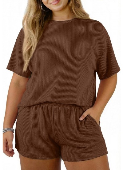 Plus Size 2 Piece Outfit for Women - Cable Knit Lounge Set with High Waisted Shorts (1X-5X)