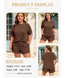 Plus Size 2 Piece Outfit for Women - Cable Knit Lounge Set with High Waisted Shorts (1X-5X)