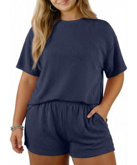 Plus Size 2 Piece Outfit for Women - Cable Knit Lounge Set with High Waisted Shorts (1X-5X)