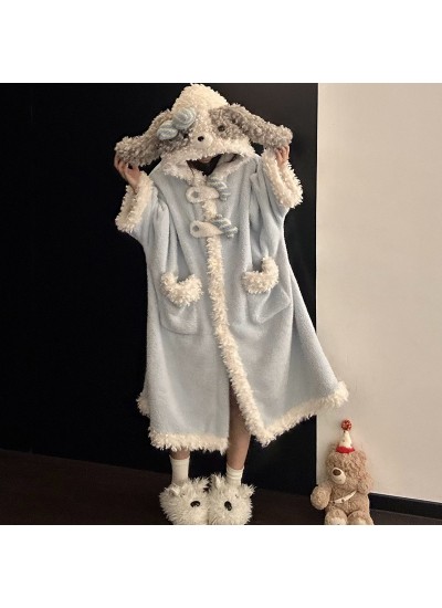 Cozy Coral Fleece Pajama Set for Women with Hooded Dog Print Robe, Winter Loungewear