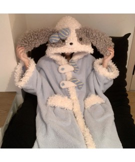 Cozy Coral Fleece Pajama Set for Women with Hooded Dog Print Robe, Winter Loungewear