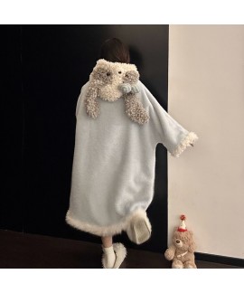 Cozy Coral Fleece Pajama Set for Women with Hooded Dog Print Robe, Winter Loungewear
