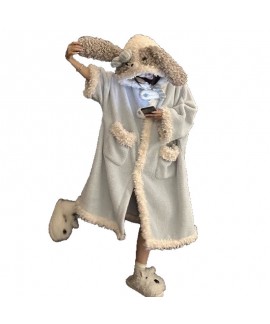 Cozy Coral Fleece Pajama Set for Women with Hooded Dog Print Robe, Winter Loungewear