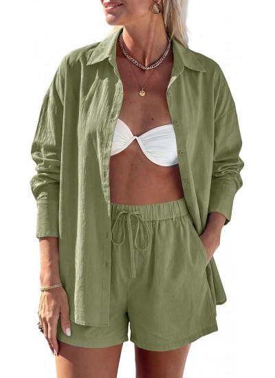 Women's 2 Piece Lounge Set Cotton Long Sleeve Button Down Shirt & Shorts with Pockets