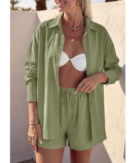 Women's 2 Piece Lounge Set Cotton Long Sleeve Button Down Shirt & Shorts with Pockets