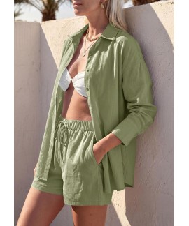 Women's 2 Piece Lounge Set Cotton Long Sleeve Button Down Shirt & Shorts with Pockets