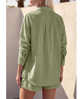 Women's 2 Piece Lounge Set Cotton Long Sleeve Button Down Shirt & Shorts with Pockets
