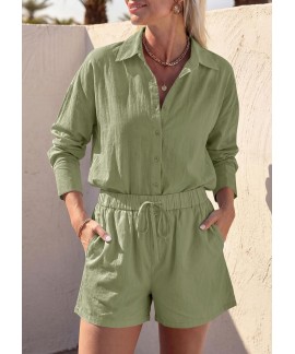 Women's 2 Piece Lounge Set Cotton Long Sleeve Button Down Shirt & Shorts with Pockets