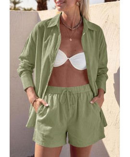 Women's 2 Piece Lounge Set Cotton Long Sleeve Button Down Shirt & Shorts with Pockets