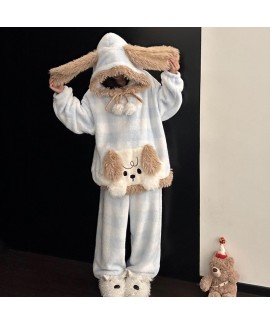 Cute Cartoon Hooded Fleece Pajamas Set for Women W...