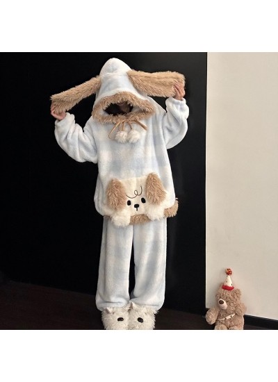Cute Cartoon Hooded Fleece Pajamas Set for Women Winter Thick Warm Lounge Wear with Pocket Dog Print