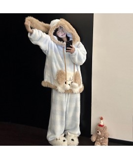 Cute Cartoon Hooded Fleece Pajamas Set for Women Winter Thick Warm Lounge Wear with Pocket Dog Print