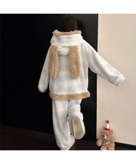 Cute Cartoon Hooded Fleece Pajamas Set for Women Winter Thick Warm Lounge Wear with Pocket Dog Print