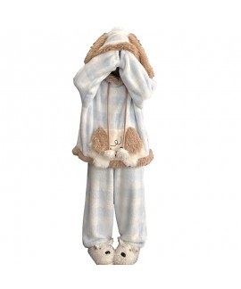 Cute Cartoon Hooded Fleece Pajamas Set for Women Winter Thick Warm Lounge Wear with Pocket Dog Print