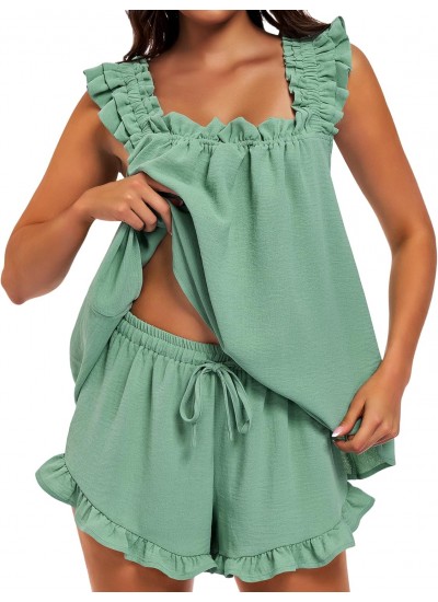Women's 2 Piece Ruffle Pajama Set with Tank Top and Shorts – Soft & Breathable Sleepwear