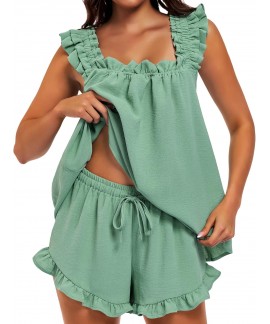 Women's 2 Piece Ruffle Pajama Set with Tank Top and Shorts – Soft & Breathable Sleepwear