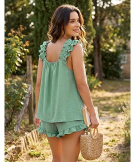 Women's 2 Piece Ruffle Pajama Set with Tank Top and Shorts – Soft & Breathable Sleepwear