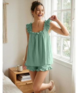 Women's 2 Piece Ruffle Pajama Set with Tank Top and Shorts – Soft & Breathable Sleepwear