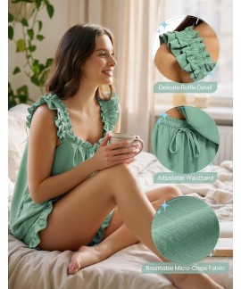 Women's 2 Piece Ruffle Pajama Set with Tank Top and Shorts – Soft & Breathable Sleepwear