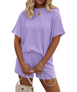 Women's 2 Piece Lounge Set Summer Outfits - Short Sleeve Pajama Set with Pockets