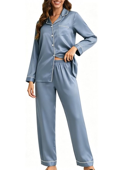 100% Mulberry Silk Pajamas Set for Women – 2 Piece Long Sleeve Button Down Sleepwear & Loungewear