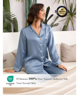 100% Mulberry Silk Pajamas Set for Women - 2 Piece Long Sleeve Button Down Sleepwear & Loungewear