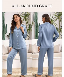 100% Mulberry Silk Pajamas Set for Women - 2 Piece Long Sleeve Button Down Sleepwear & Loungewear