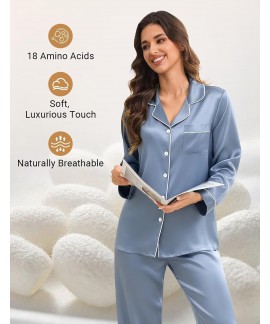 100% Mulberry Silk Pajamas Set for Women - 2 Piece Long Sleeve Button Down Sleepwear & Loungewear