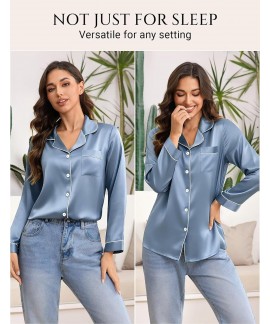100% Mulberry Silk Pajamas Set for Women - 2 Piece Long Sleeve Button Down Sleepwear & Loungewear