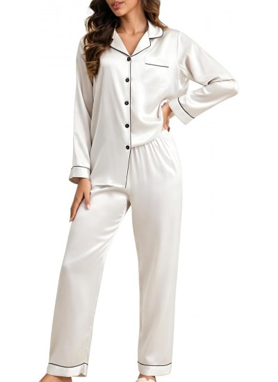 100% Mulberry Silk Pajamas Set for Women - 2 Piece Long Sleeve Button Down Sleepwear