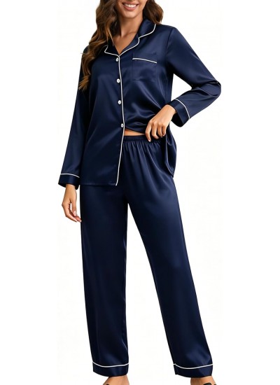 100% Mulberry Silk Pajamas Set for Women 2 Piece Long Sleeve Button Down Sleepwear