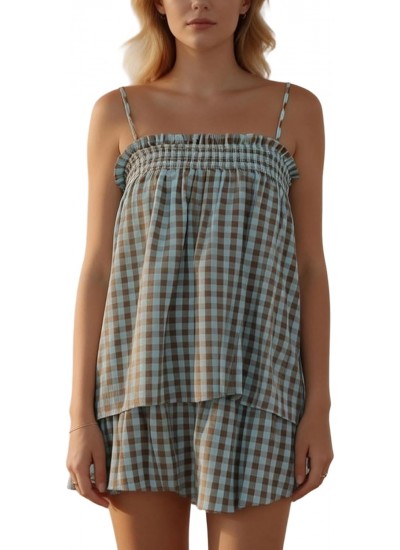 Women's 2 Piece Gingham Shorts Set Sleeveless Babydoll Cami Matching Lounge Pajama Outfit