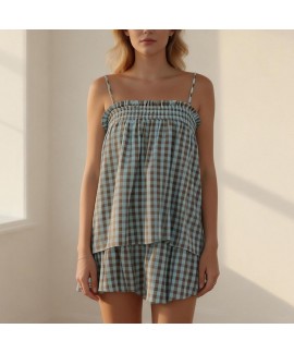 Women's 2 Piece Gingham Shorts Set Sleeveless Babydoll Cami Matching Lounge Pajama Outfit