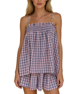 Women's 2 Piece Gingham Shorts Set Sleeveless Babydoll Cami Matching Lounge Pajama Outfit
