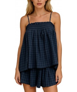 Women's 2 Piece Gingham Shorts Set Sleeveless Babydoll Cami Matching Lounge Pajama Outfit