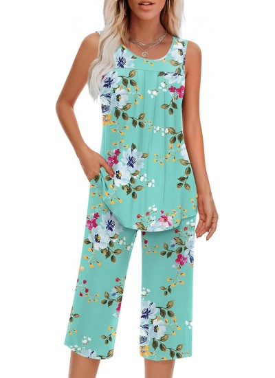 Women's Sleeveless Pajama Sets with Pockets, Soft Rayon Spandex Loungewear Two Piece Sleepwear S-4XL
