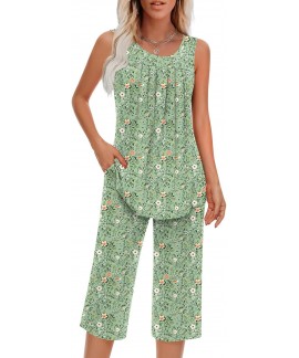 Women's Sleeveless Pajama Set with Pocket - Soft R...