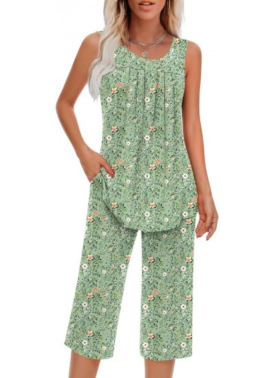 Women's Sleeveless Pajama Set with Pocket - Soft Rayon Spandex Two Piece Lounge Sleepwear