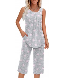 Women's Sleeveless Pajama Sets with Pockets - Soft...