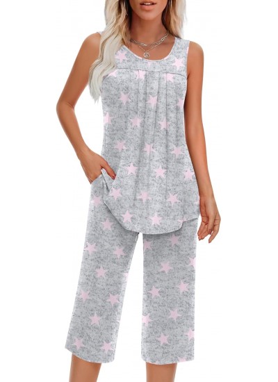 Women's Sleeveless Pajama Sets with Pockets - Soft Rayon Loungewear 2 Piece