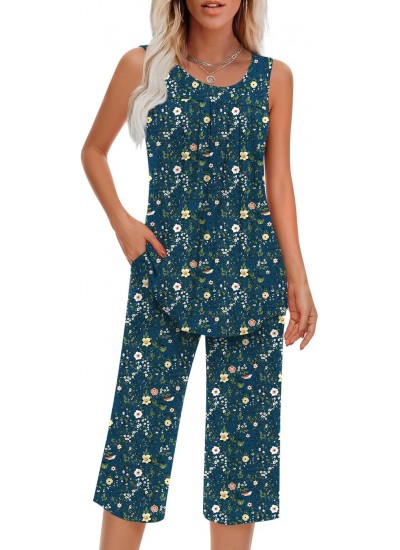 Women's Sleeveless Pajamas Set 2 Piece Soft Rayon Lounge Wear with Pockets S-4XL