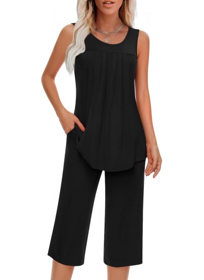 Women's Sleeveless Pajama Sets Soft Rayon Loungewear Two Piece Sleepwear with Pockets - S to 4XL
